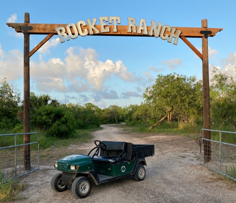 Rocket Ranch entrance gate at the campground on Palmito Hill Road in Brownsville, Texas